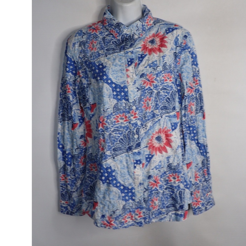 J. McLaughlin Women's Floral  Button Up Shirt Blue Red Long Sleeve Size S Beach